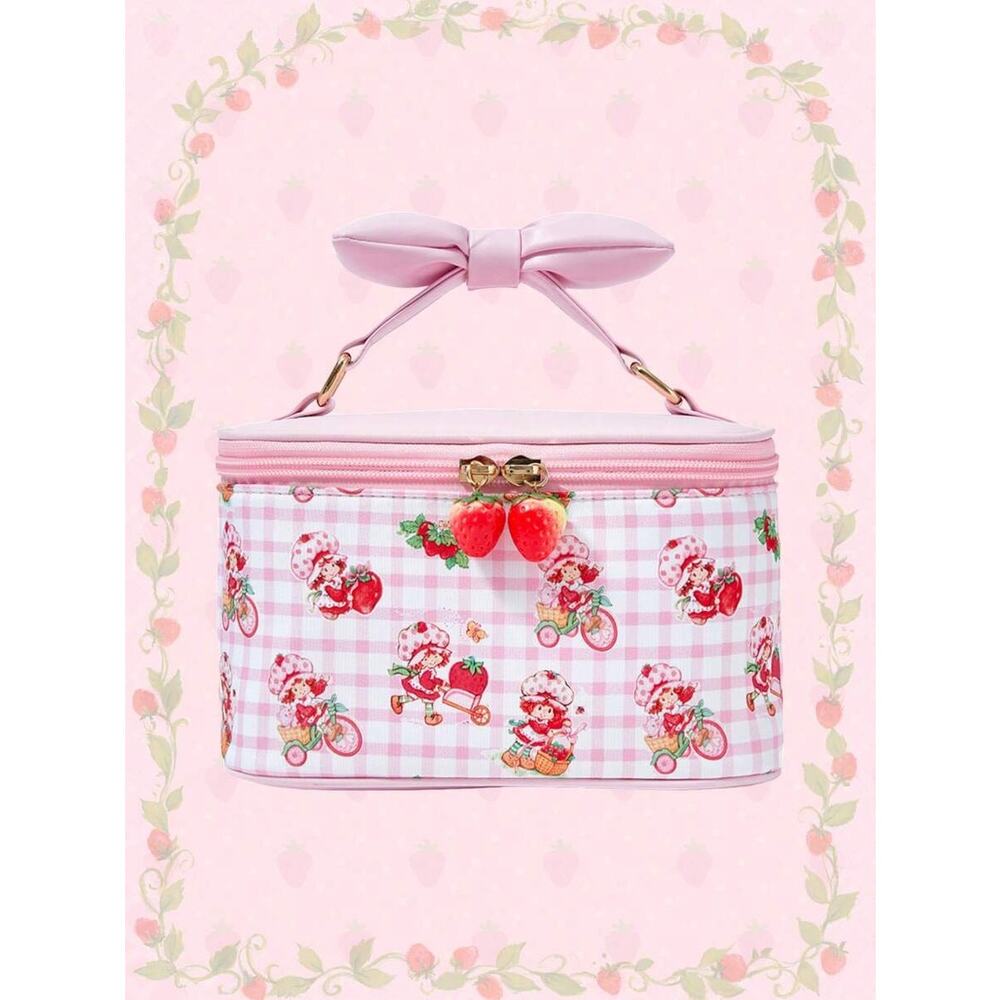 Strawberry Shortcake Pink Gingham Case, Makeup Bag w/ Bow Handle & 3D Zippers